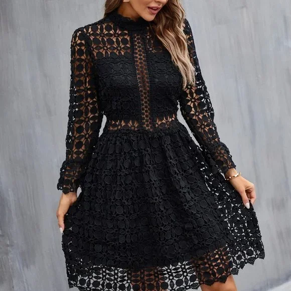 Moda Me Couture Dresses | Last Re-Restock - Mock Neck Flounce Sleeve Lace Dress | Color: Black | Size: 2 | Pm-04868377'S Closet